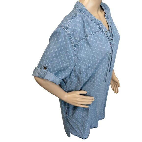 Philosophy Blue Denim Lace-Up Polka Dot Tunic Dress With Rolled Sleeves Size XXL - Picture 5 of 7